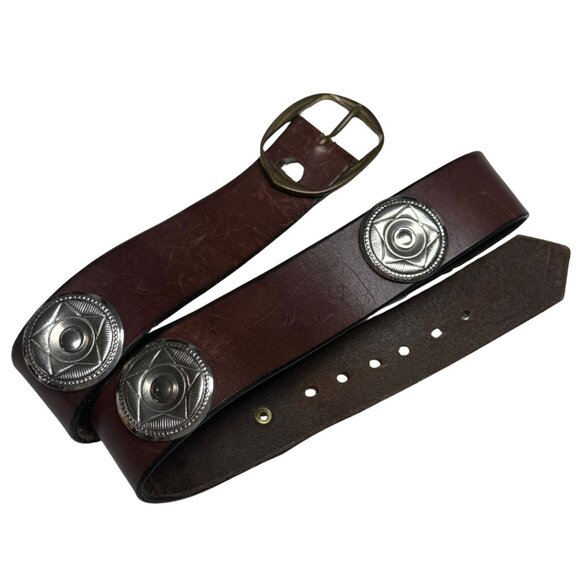 Vintage Southwestern Dark Brown Leather Belt w/ Sun Disc Concho Buckle – Unisex - Picture 1 of 11